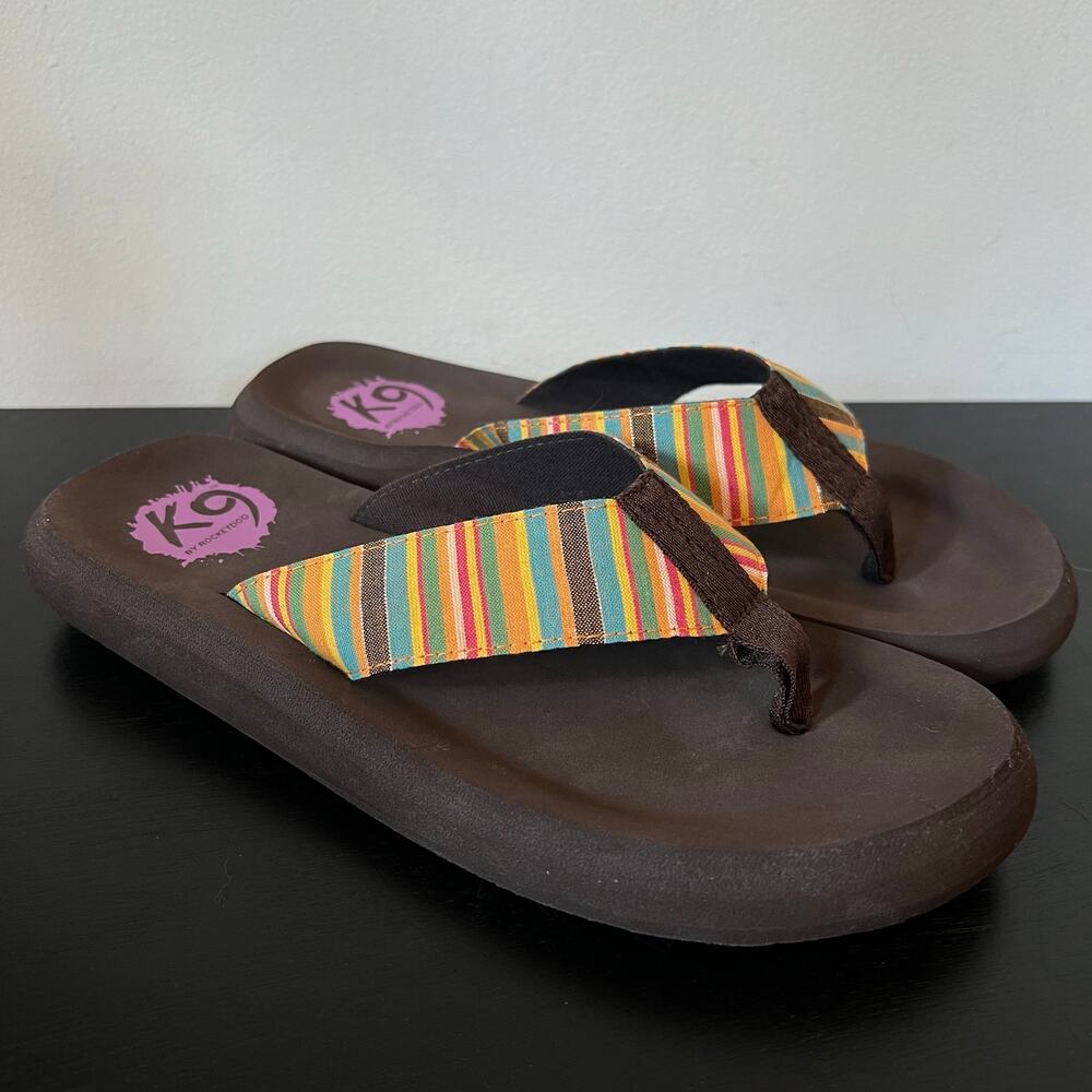 K9 by Rocket Dog Y2k Dark Brown Thong Sandals Multicolor Stripe 10 Flip Flop